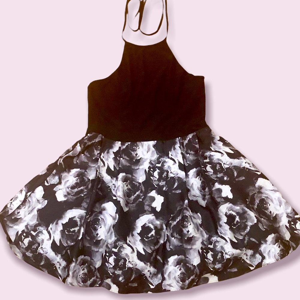 Party Prom Dress Black & White Halter Neckline Satin Floral Flare Skirt Pocke… - Picture 10 of 10
